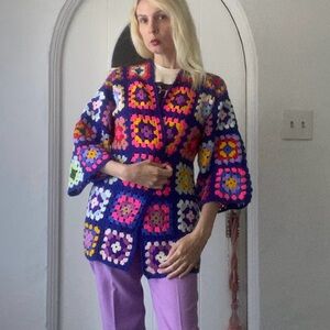 SOLD. Vintage Handmade Crochet Patchwork Colorful Floral Acrylic Granny Jacket